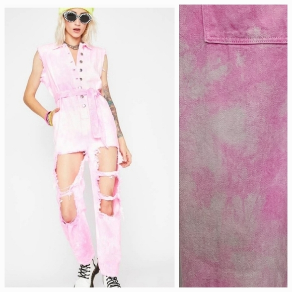 N°1 Los Angeles Pants - N°1 Los Angeles Pink Acid Wash Distressed Denim Jumpsuit Size S